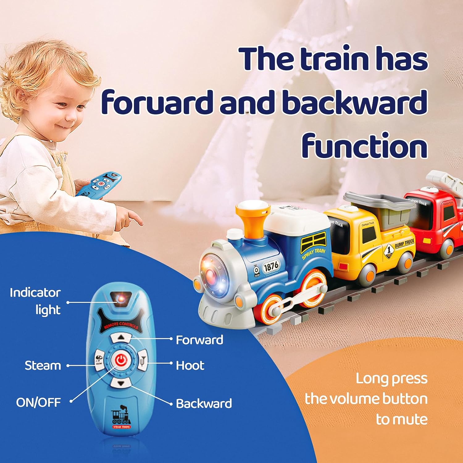 Remote control cartoon train (atomized smoke/light vocals/3-speed switch key) light-colored front