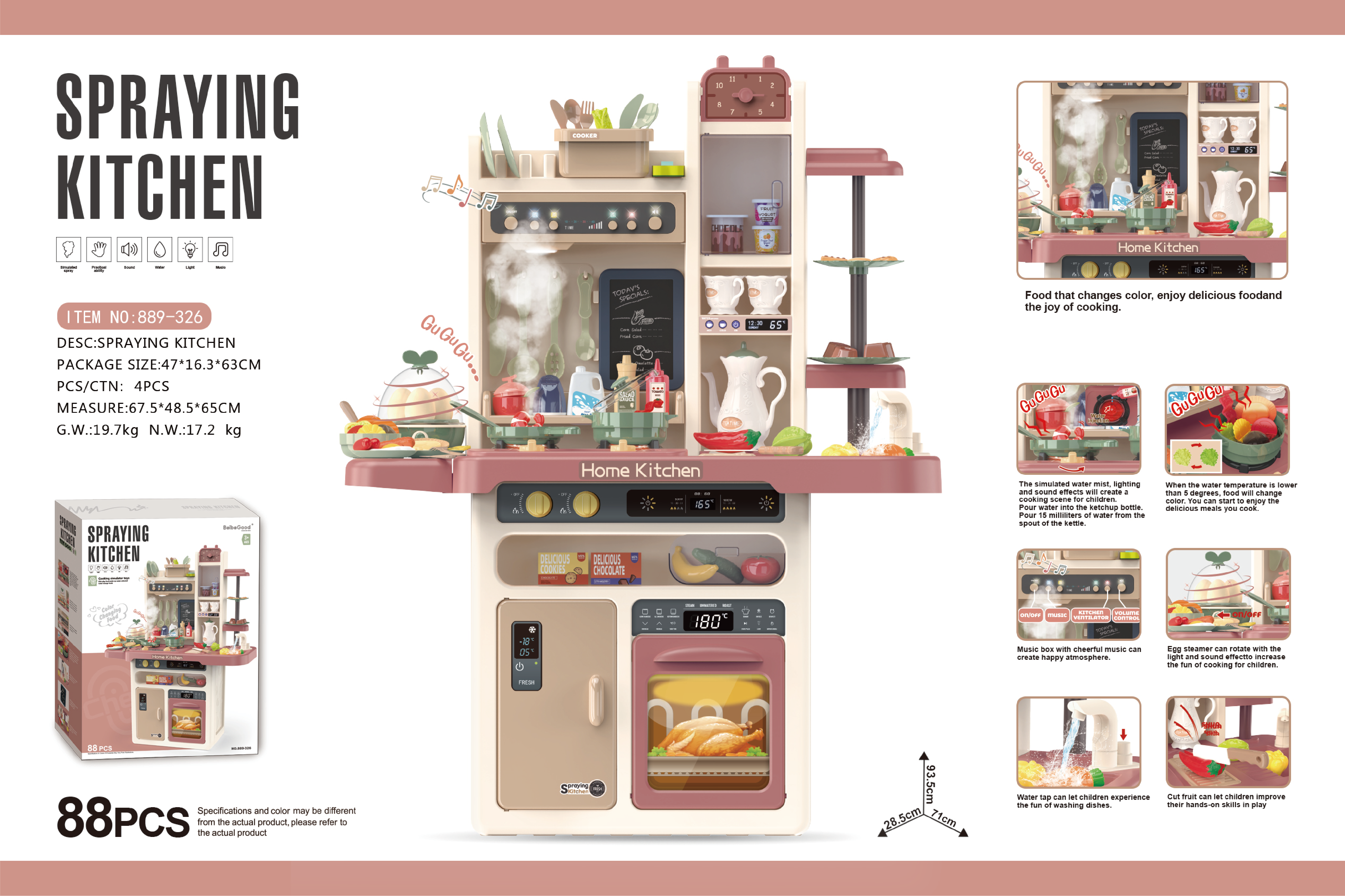 93.5cm Spray Kitchen (Premium Version) with Spray, Egg Steamer, Color-Changing Food, Light and Music