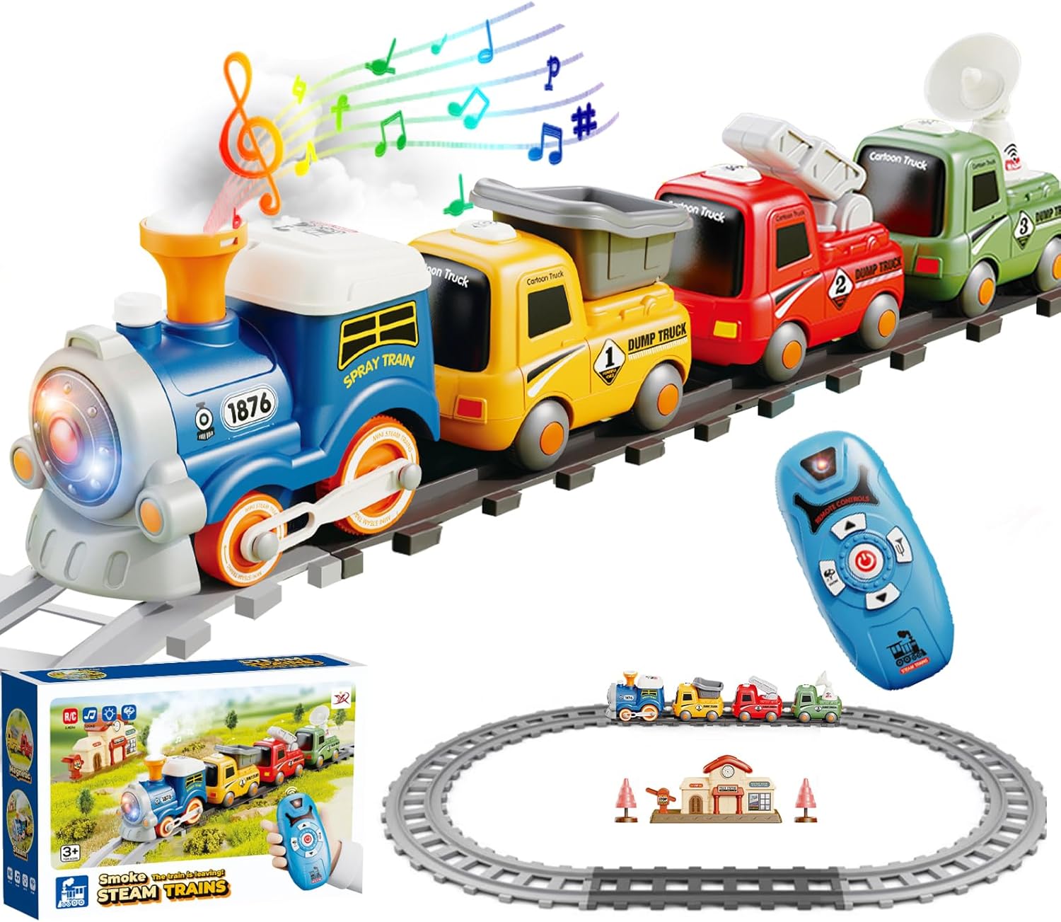 Remote control cartoon train (atomized smoke/light vocals/3-speed switch key) light-colored front