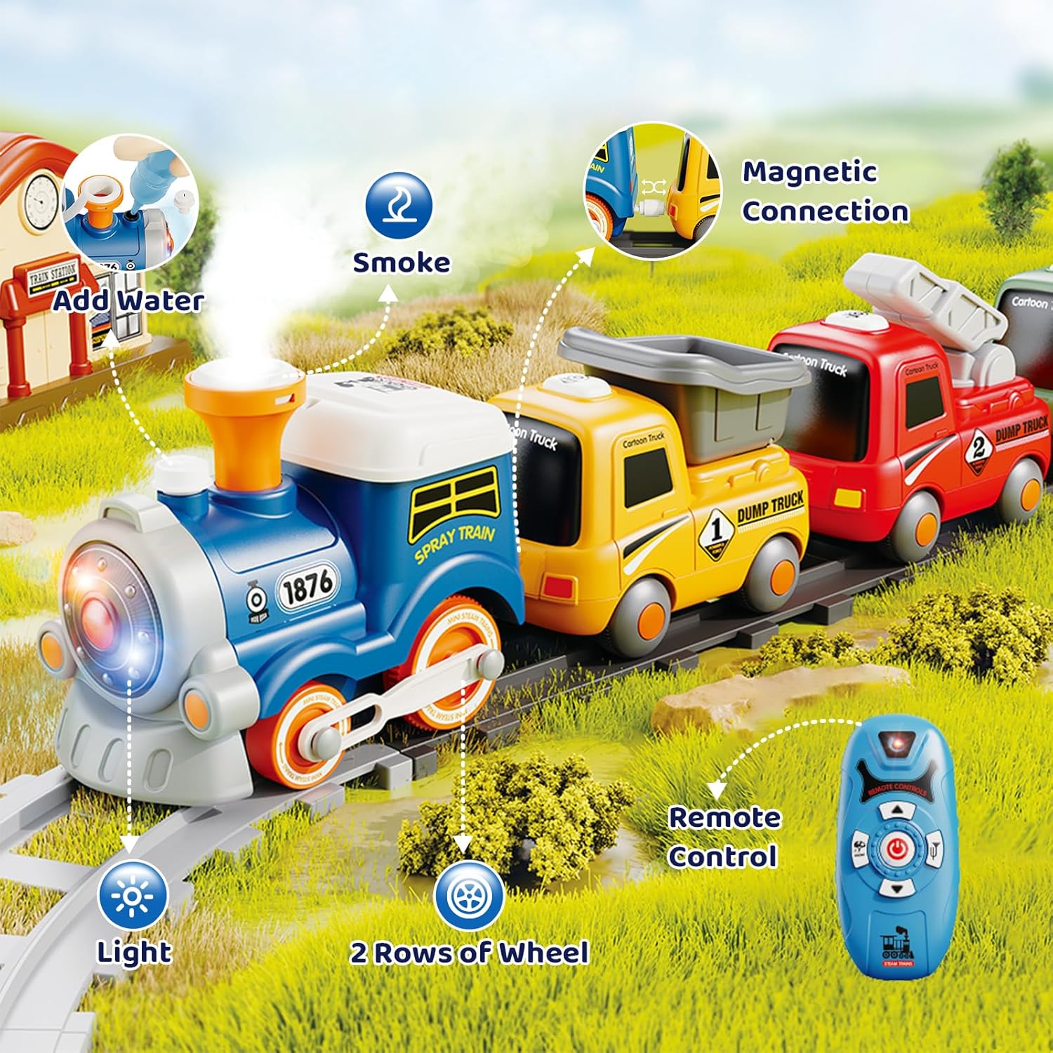 Remote control cartoon train (atomized smoke/light vocals/3-speed switch key) light-colored front