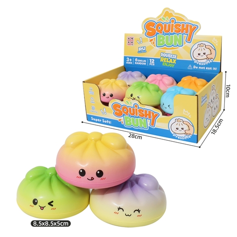 Gradient Mini Bun Squishy Display Box (SKU CPS350803) shown in its mixed-color retail-ready packaging, highlighting the assorted pastel colors and kawaii facial expressions.