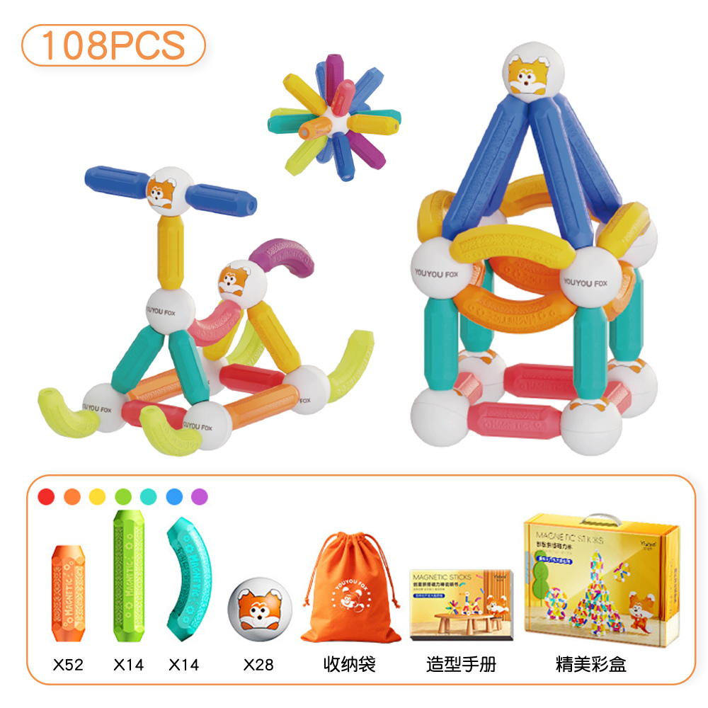 Yoyo Fox Magnetic Rod 108P set showing rods, curved rods, magnetic spheres, storage pouch, and color box packaging.