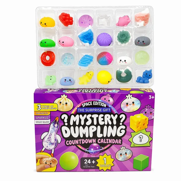 Mystery Dumpling & Baozi 24-Day Fidget Squishy Countdown Calendar (SKU CPS350808) in its space-themed colour box, showing the numbered punch-open compartments.
