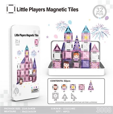 CPS351647 3.75-inch magnetic tiles, pink castle set, 32 pieces