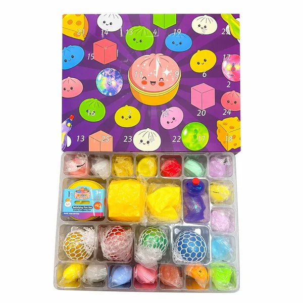 Mystery Baozi 24-Day Fidget Squishy Countdown Calendar (SKU CPS350807) in its retail-ready colour box, showing the numbered punch-open windows and holiday-themed exterior.